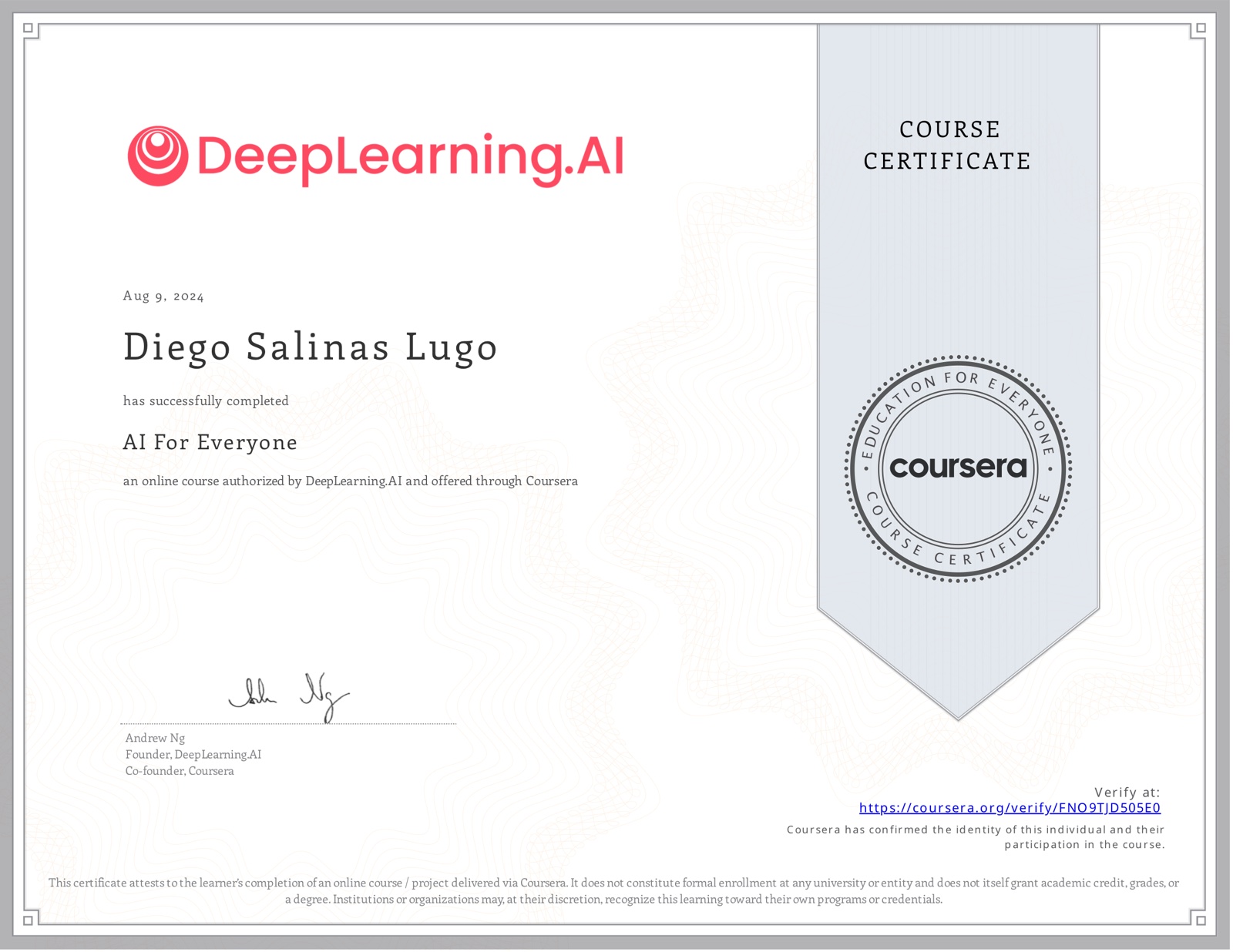 AI For Everyone certificate