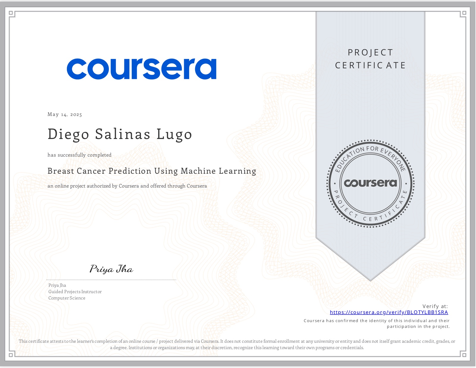 Breast Cancer Prediction Using Machine Learning certificate