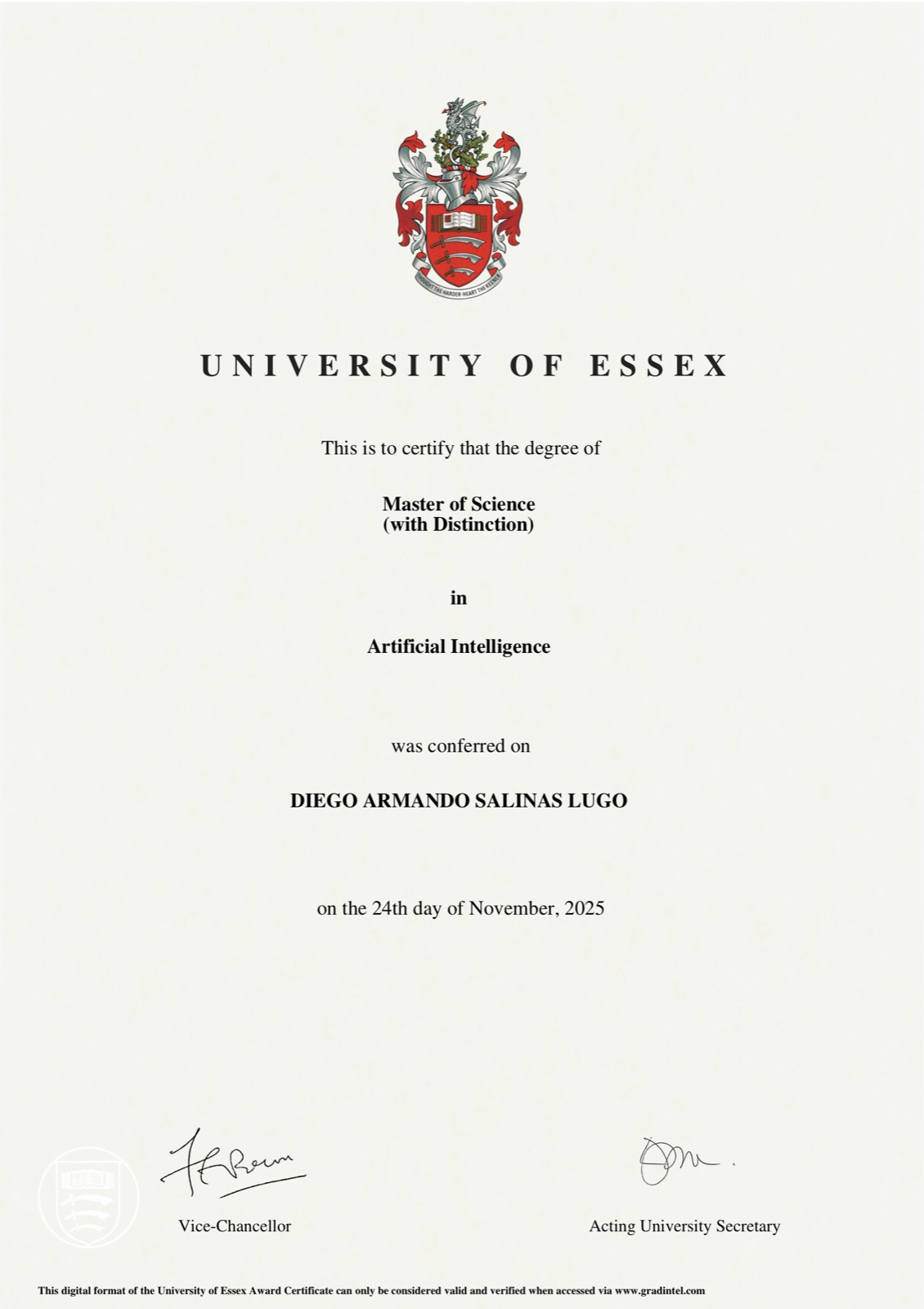 MSc Artificial Intelligence degree certificate, University of Essex