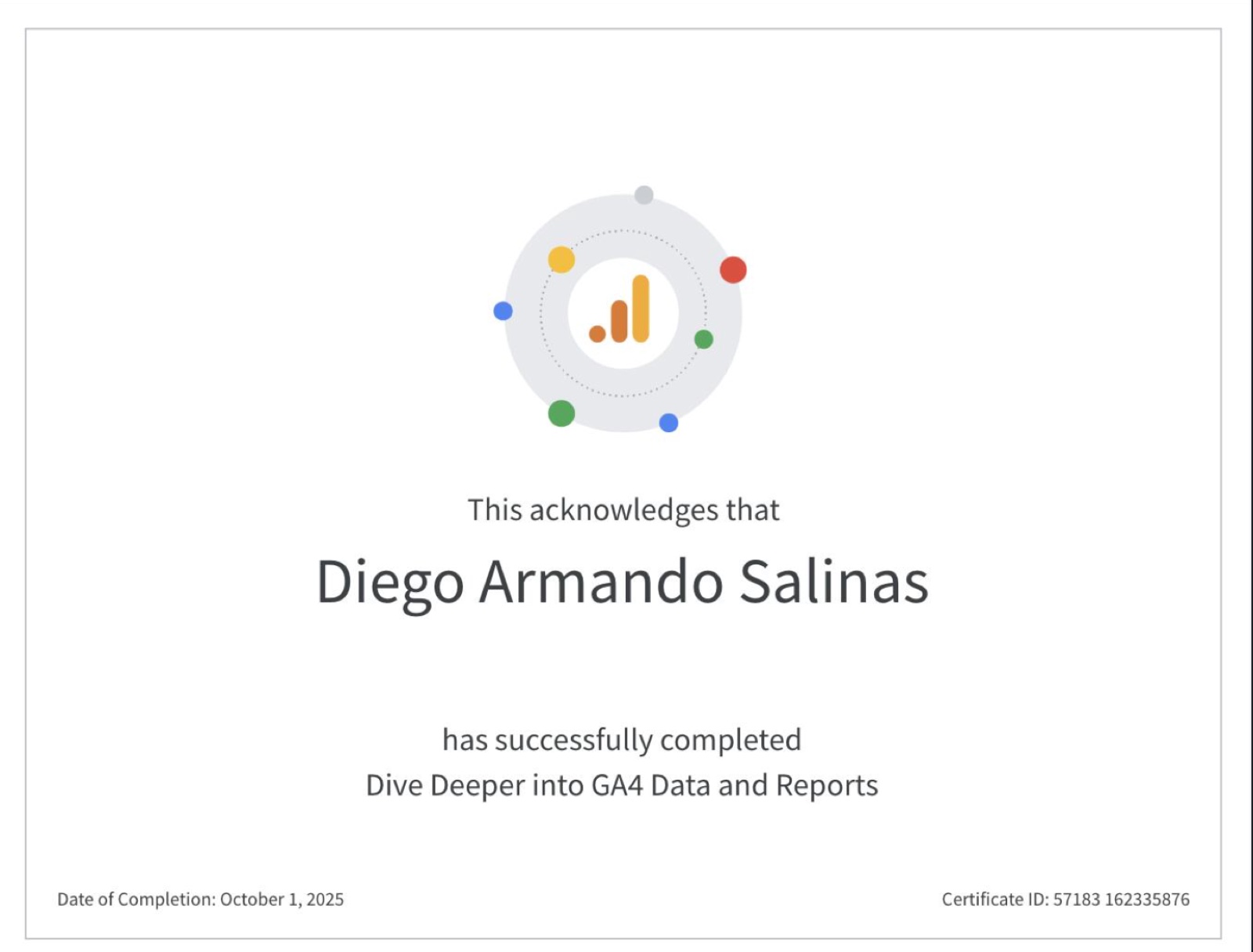 Dive Deeper into GA4 Data and Reports certificate