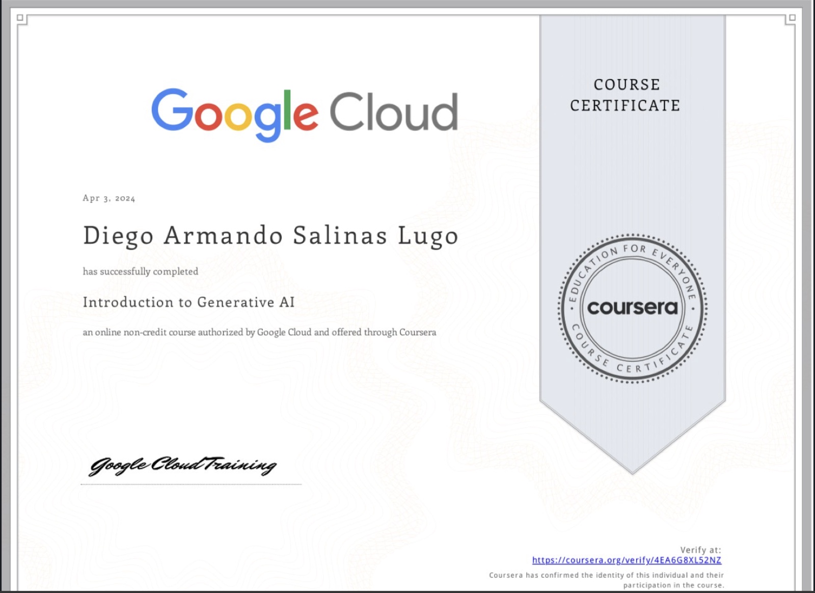 Introduction to Generative AI certificate