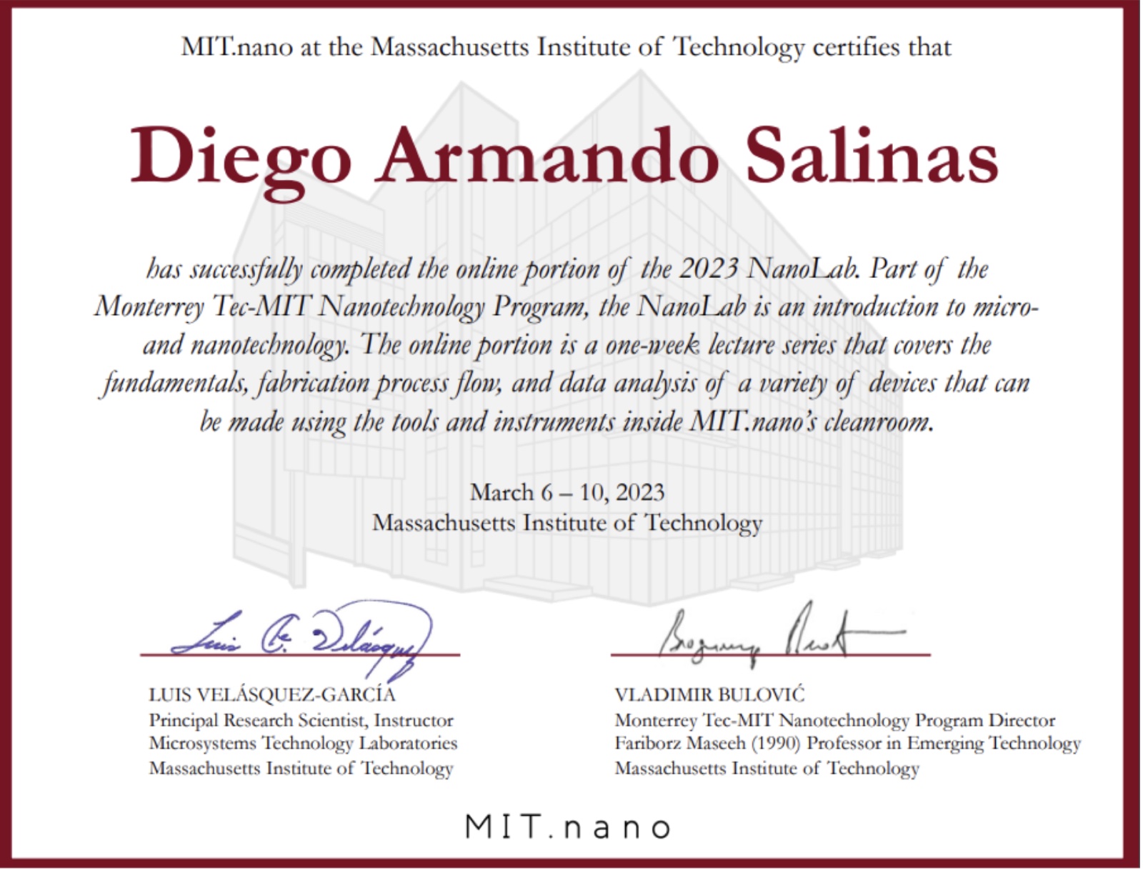 2023 NanoLab — online portion certificate