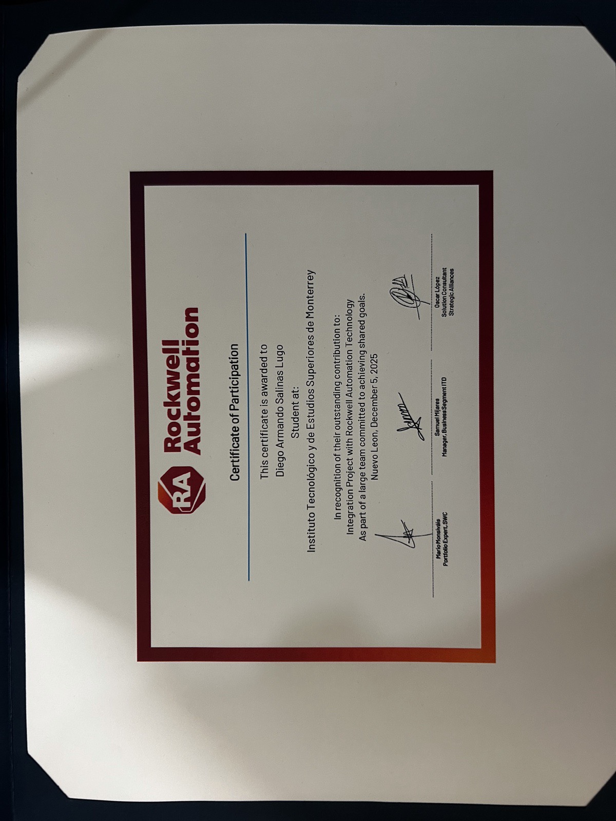 Rockwell Automation recognition certificate