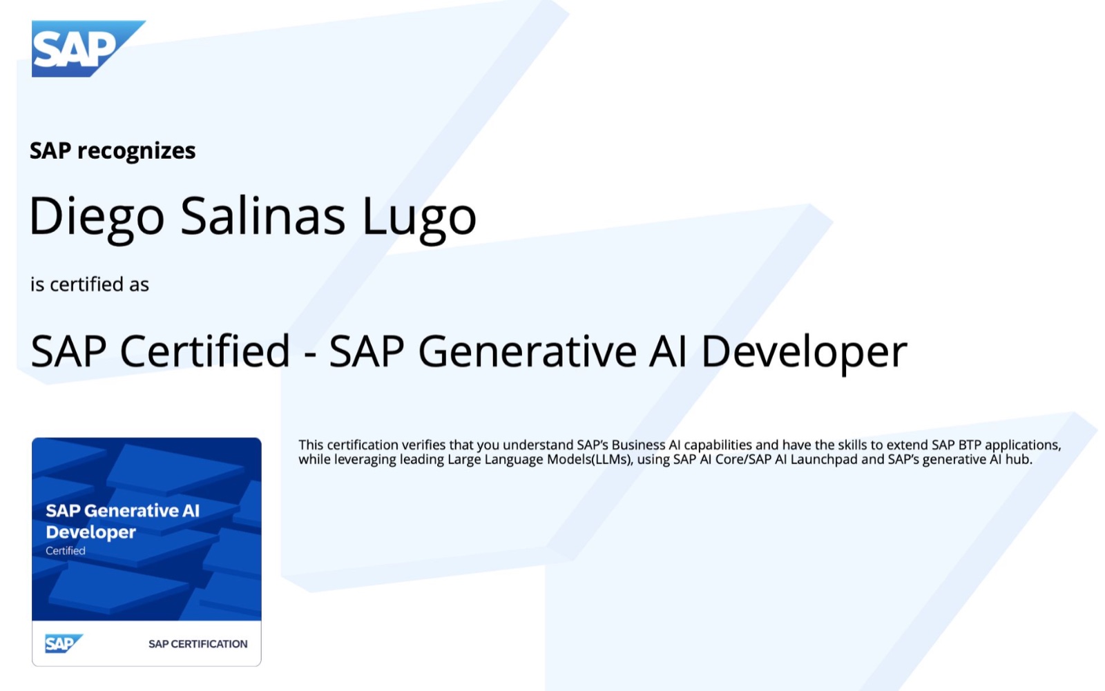SAP Generative AI Developer certificate