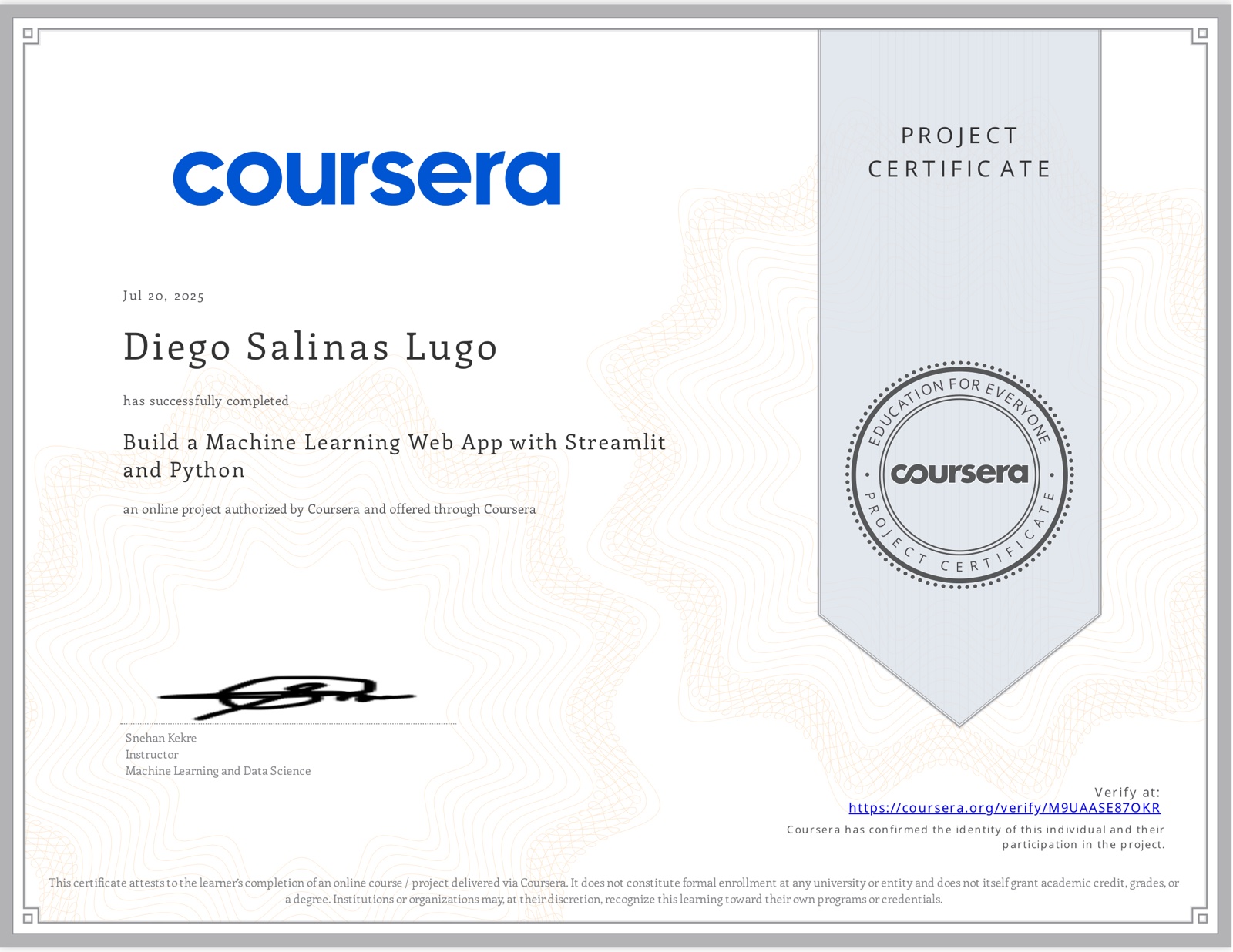 Build a Machine Learning Web App with Streamlit and Python certificate