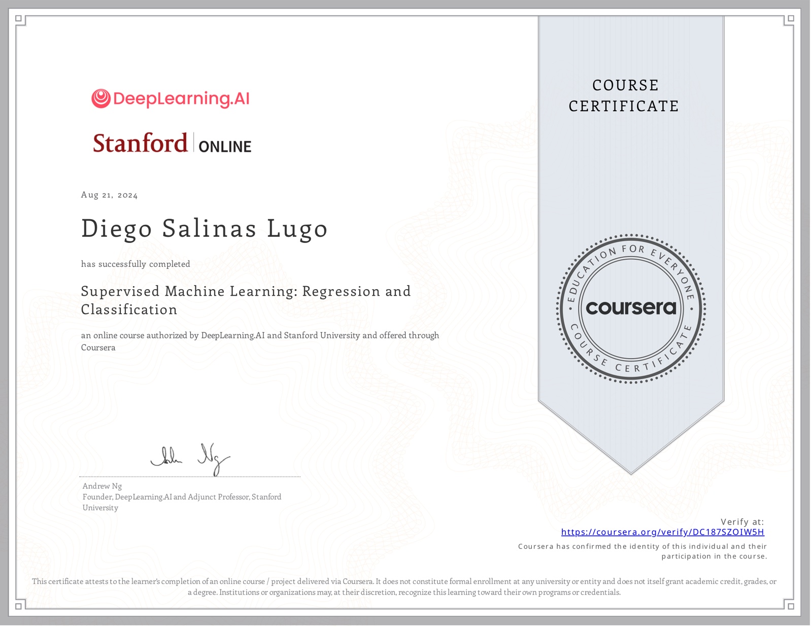 Supervised Machine Learning: Regression and Classification certificate
