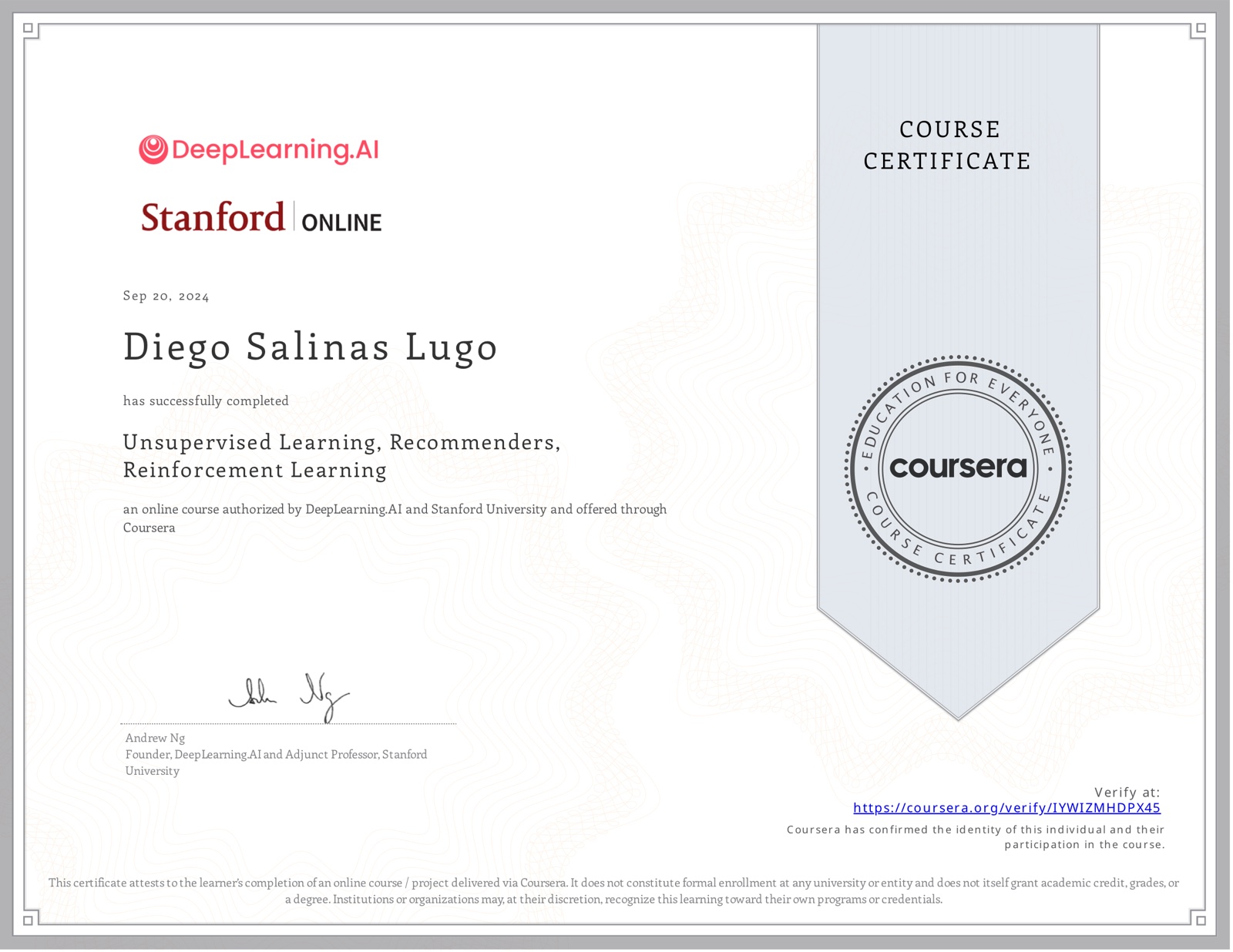 Unsupervised Learning, Recommenders, Reinforcement Learning certificate